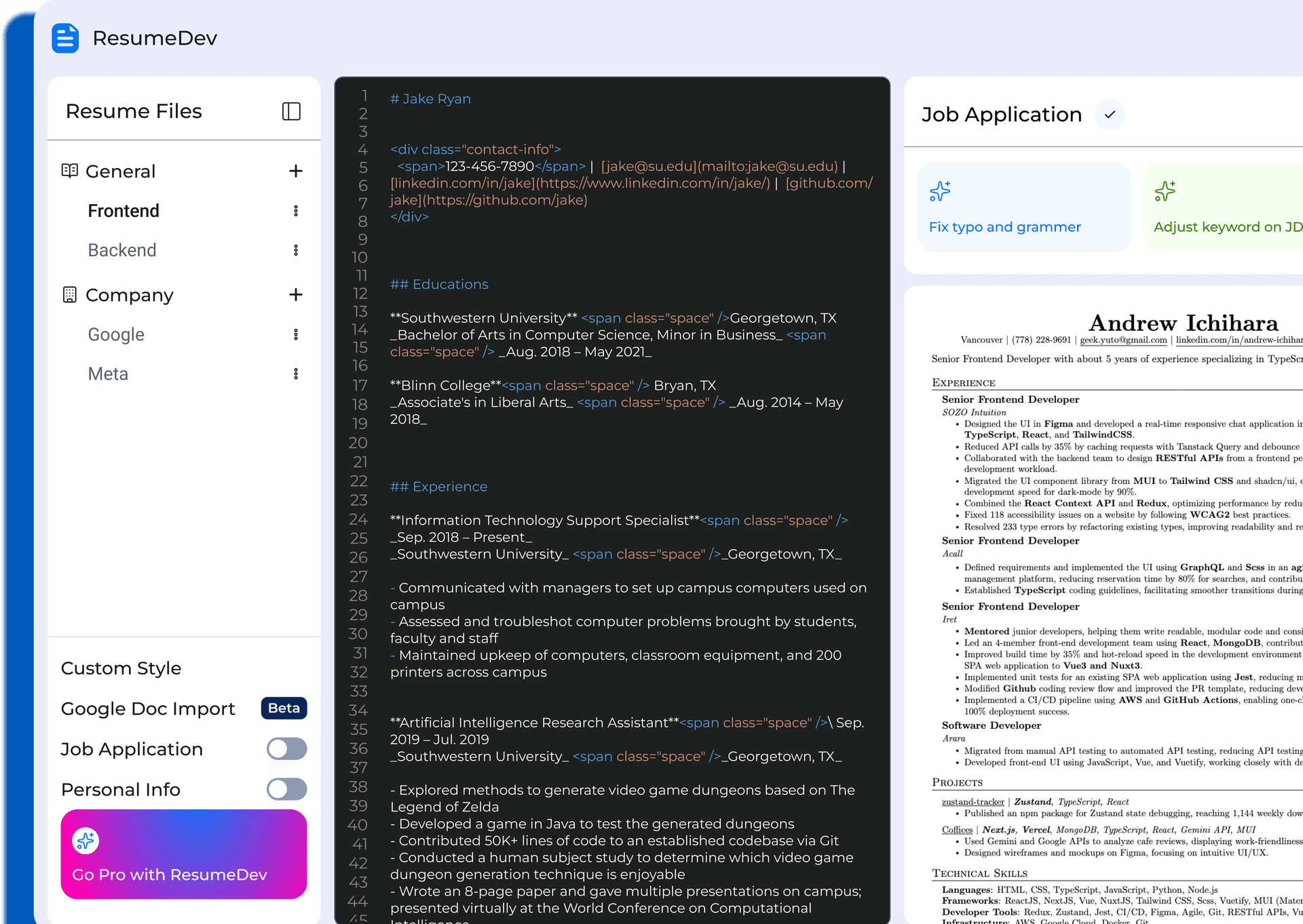 ResumeDev editor workspace with HTML and CSS editing